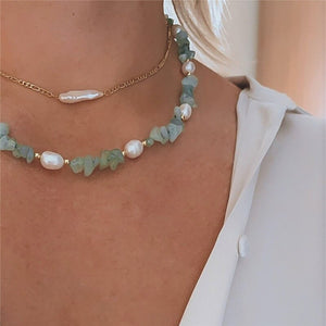 Natural Pearls & Green Crystal Handmade Necklace