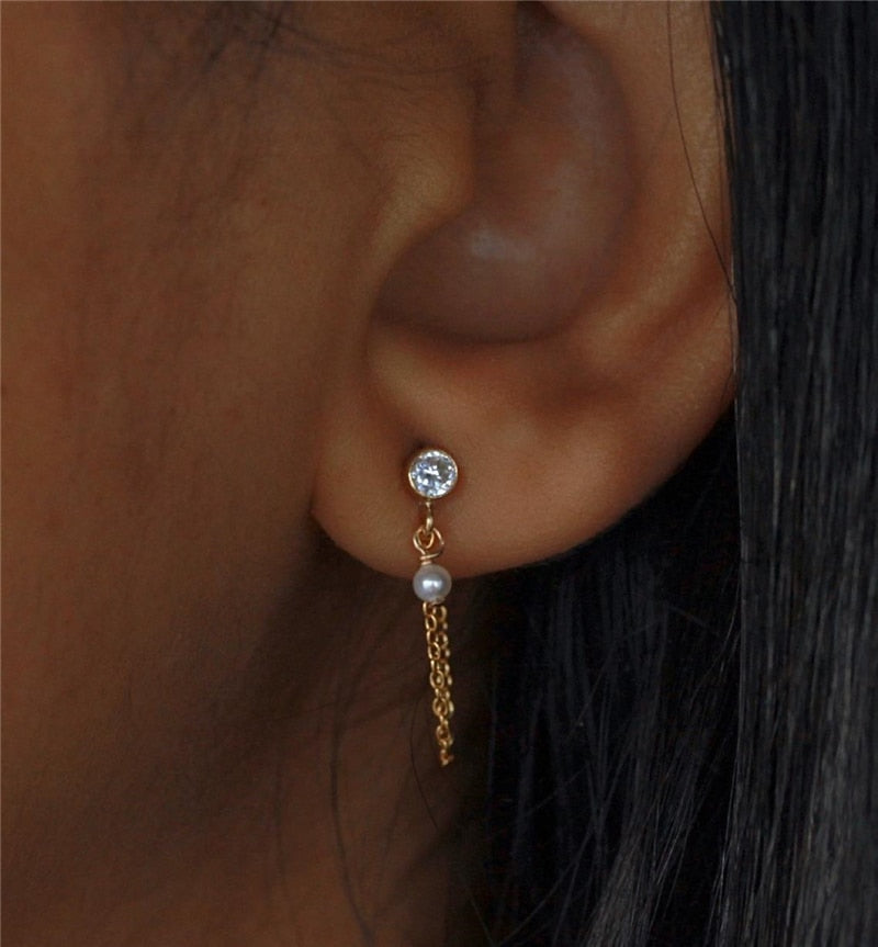 Pearl Zircon Chain Earrings