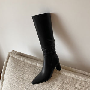 Black Half Block Heel Leather Boots