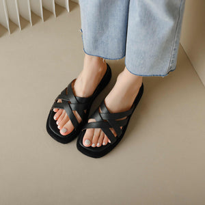 Leather Strappy Platform Slippers
