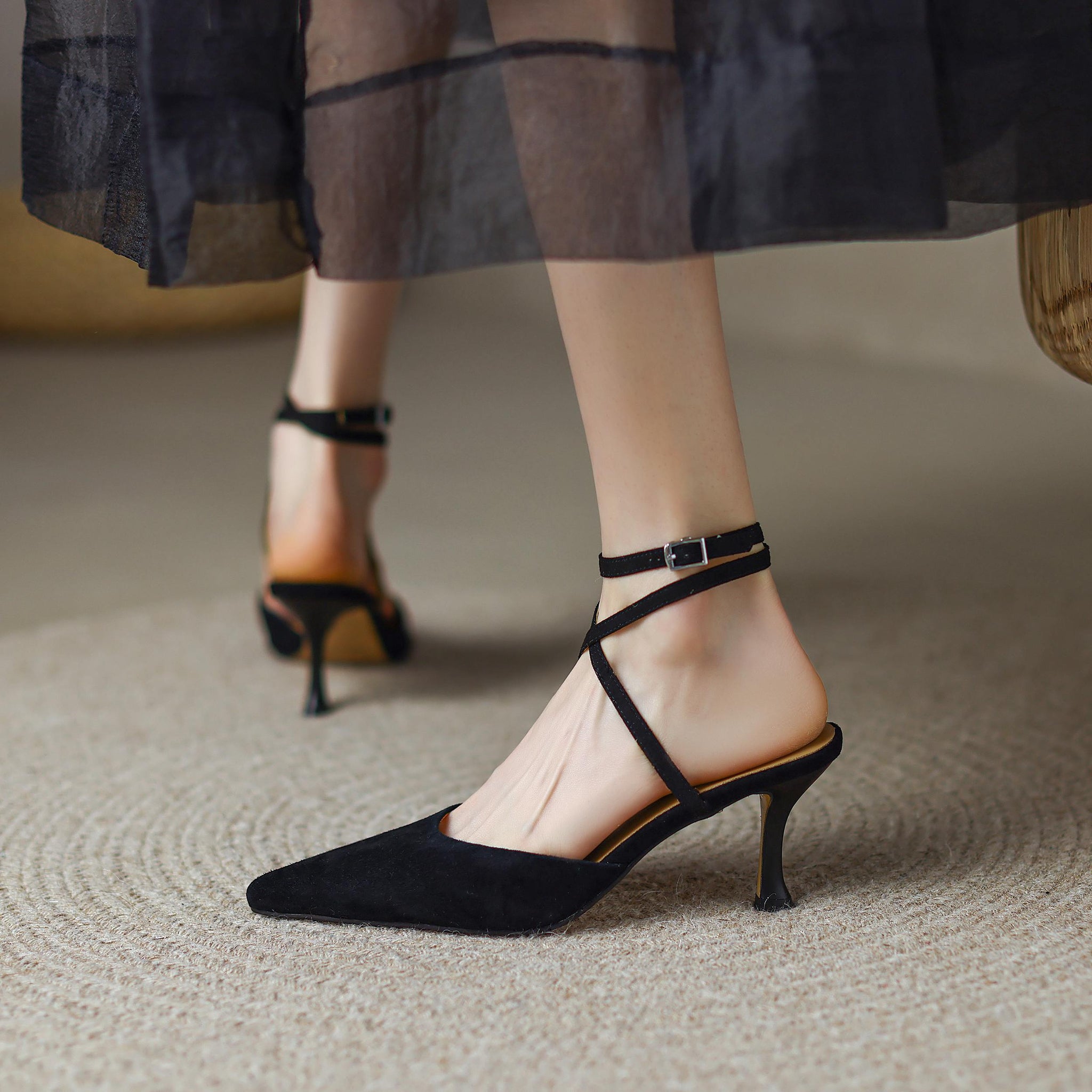 Kid Suede Strappy Pointed Toe Pumps