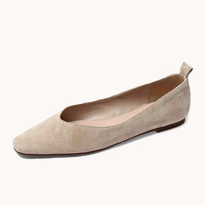 Suede Square Toe Flats- Beige