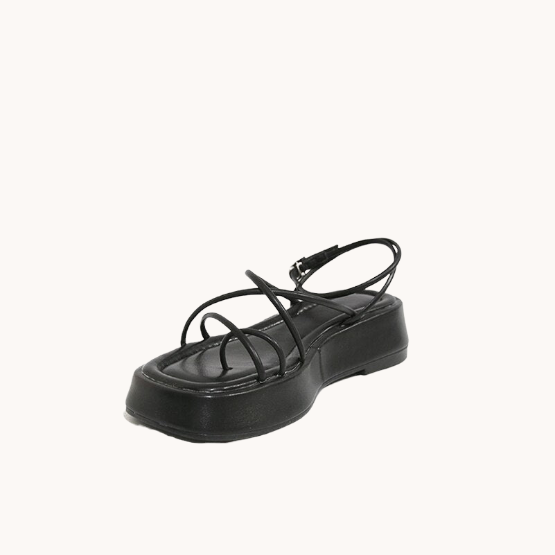 Leather Strappy Platform Sandals With Buckle Ankle Strap Black