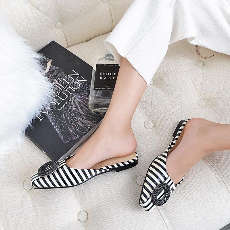 Black & White Striped Leather Slippers