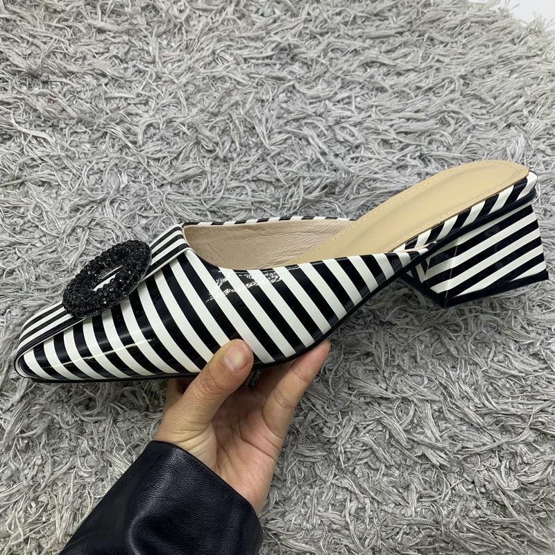Black & White Striped Leather Slippers